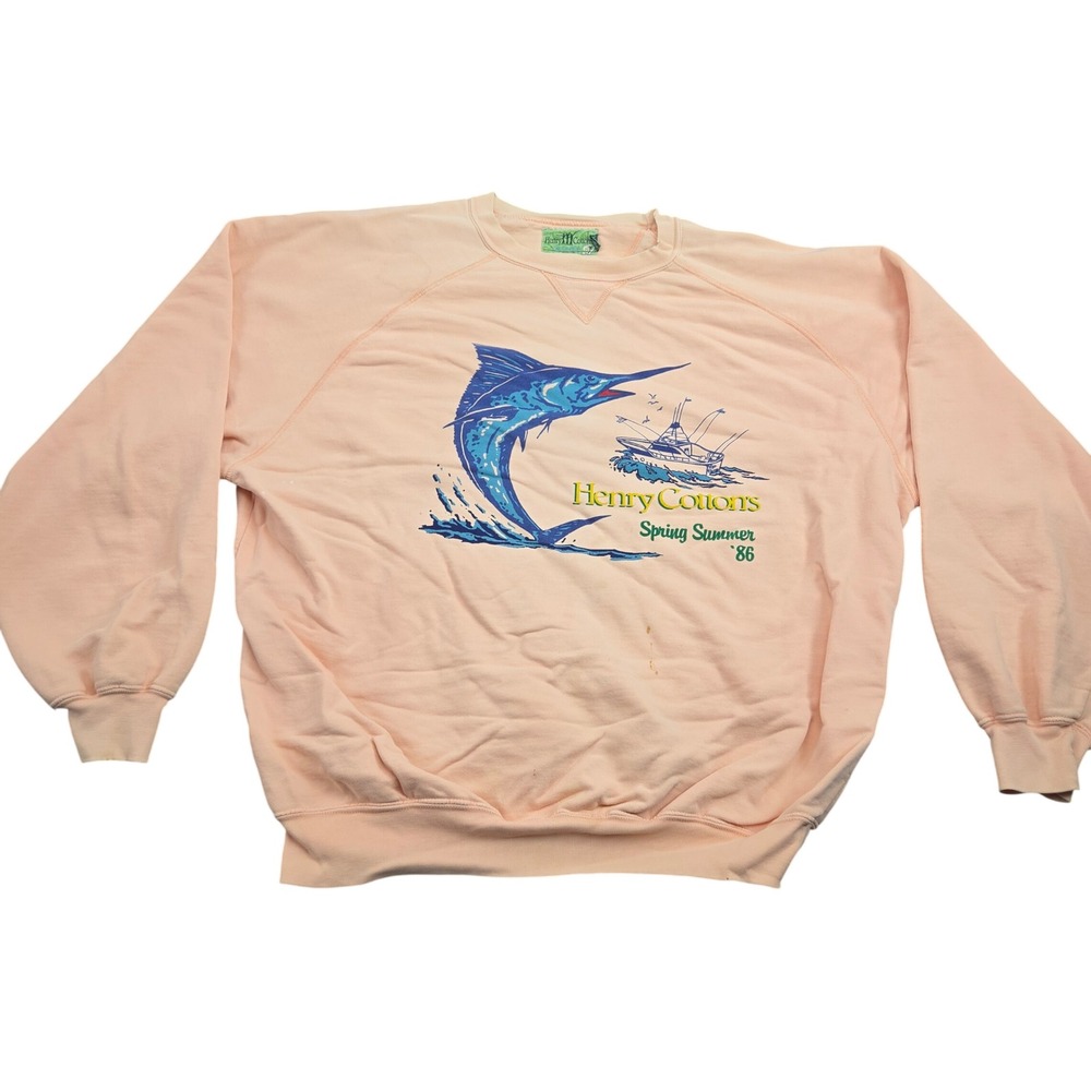 Vintage Henry Cottons Sweatshirt XXL Peach Marlin Fishing Crewneck Boxy Fit 80s